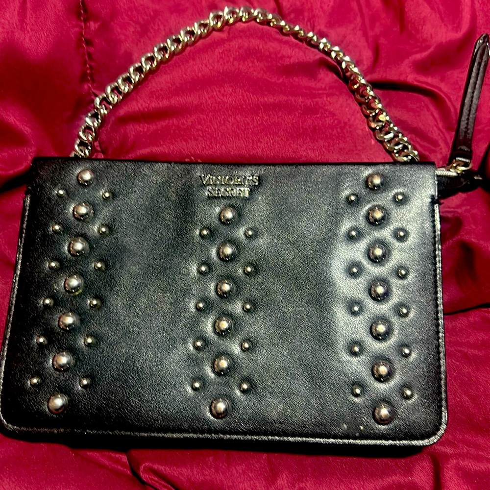 VICTORIAS SECRET Black leather purse silver chain small hand bag